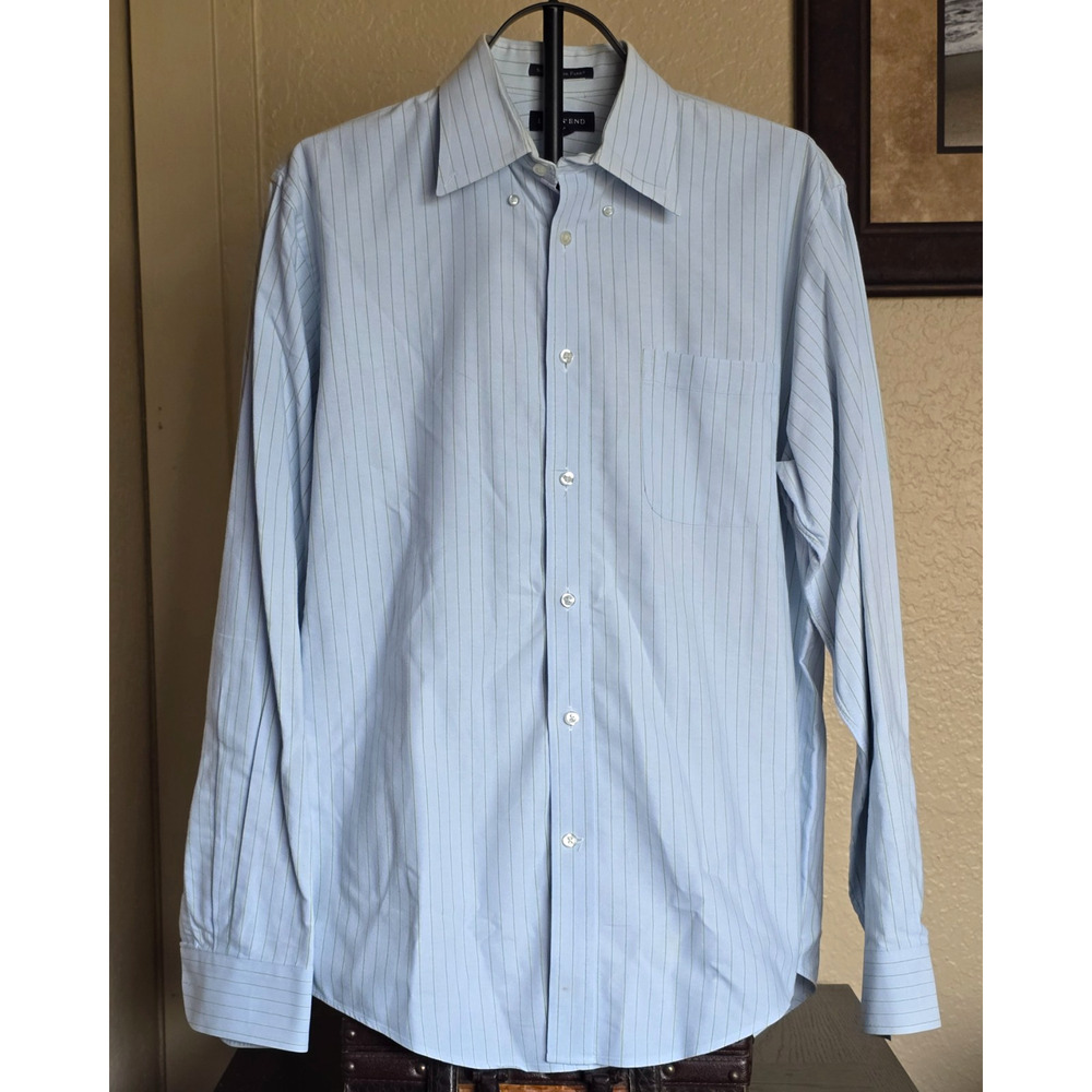 Lands' End Supima Hyde Park Oxford Dress Shirt 15.5 35 Blue w Green Pinstripes